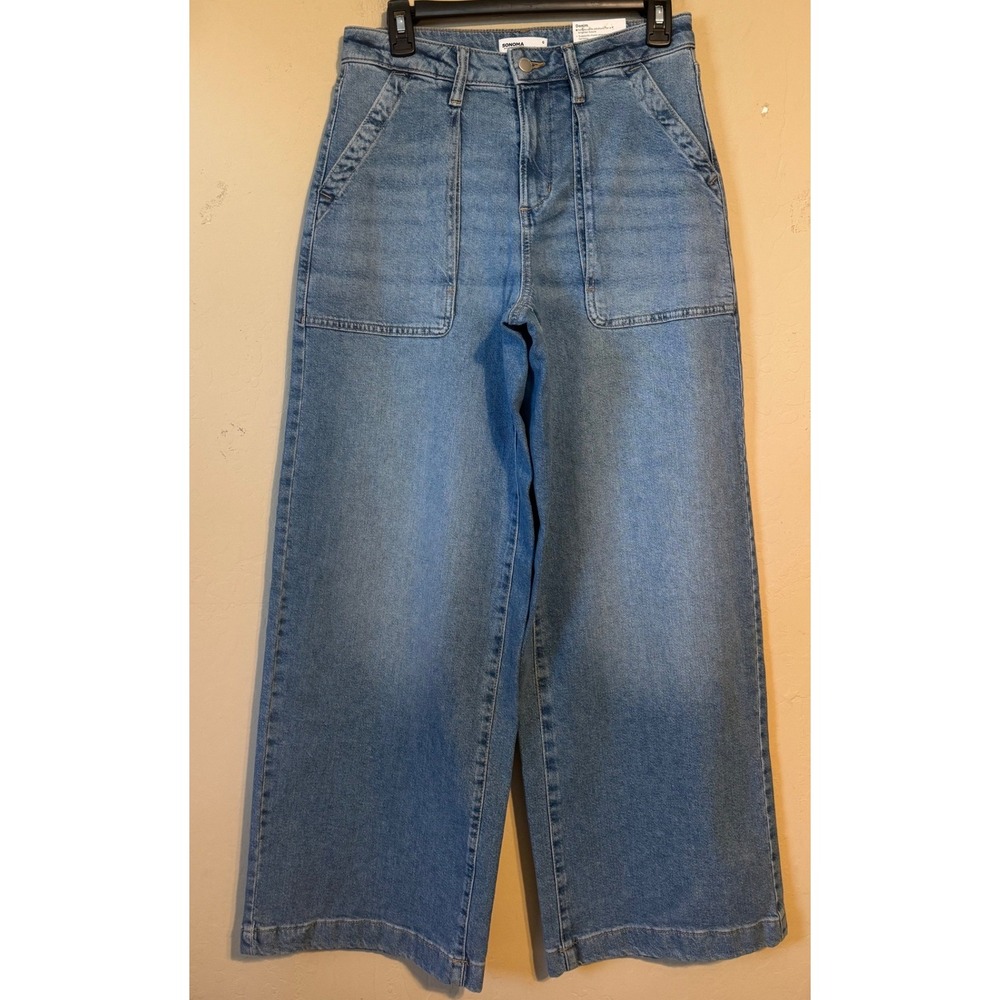 Sonoma Jeans Women 6 Blue Wide Leg HighRise Stretch Patch Pocket Medium Wash NEW